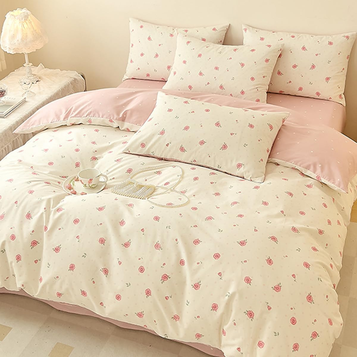 Bildenly Duvet Cover Queen Size Pink Bowknot for Girls' Rooms Fresh Style Bedrooms, Comforter Cover Soft & Lightweight Microfiber Quilt Cover with Zipper Closure and 2 Pillowcases