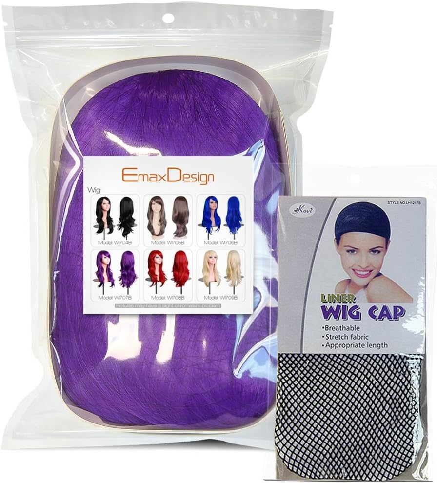 Emaxdesign 70Cm Cosplay Wig for Women Long Full Curly Wavy Heat Resistant Fashion Glamorous Hairpiece with Free Wig Cap & Comb (Dark Purple)