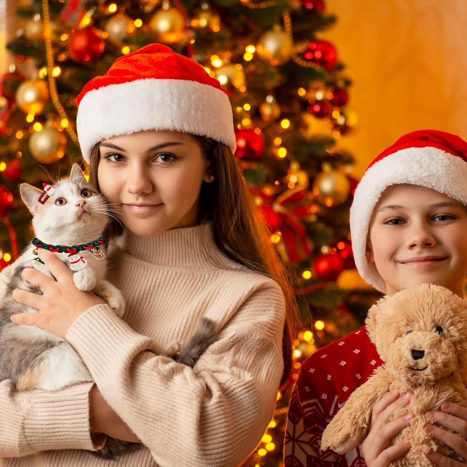 Christmas Adjustable Cat Collar,Christmas Handmade Woven Dog Cat Collar with Bell,Christmas Pet Collar and Hair Clip Ornaments for Small,Medium Cat Dog Christmas Party Accessories (B) image number 2