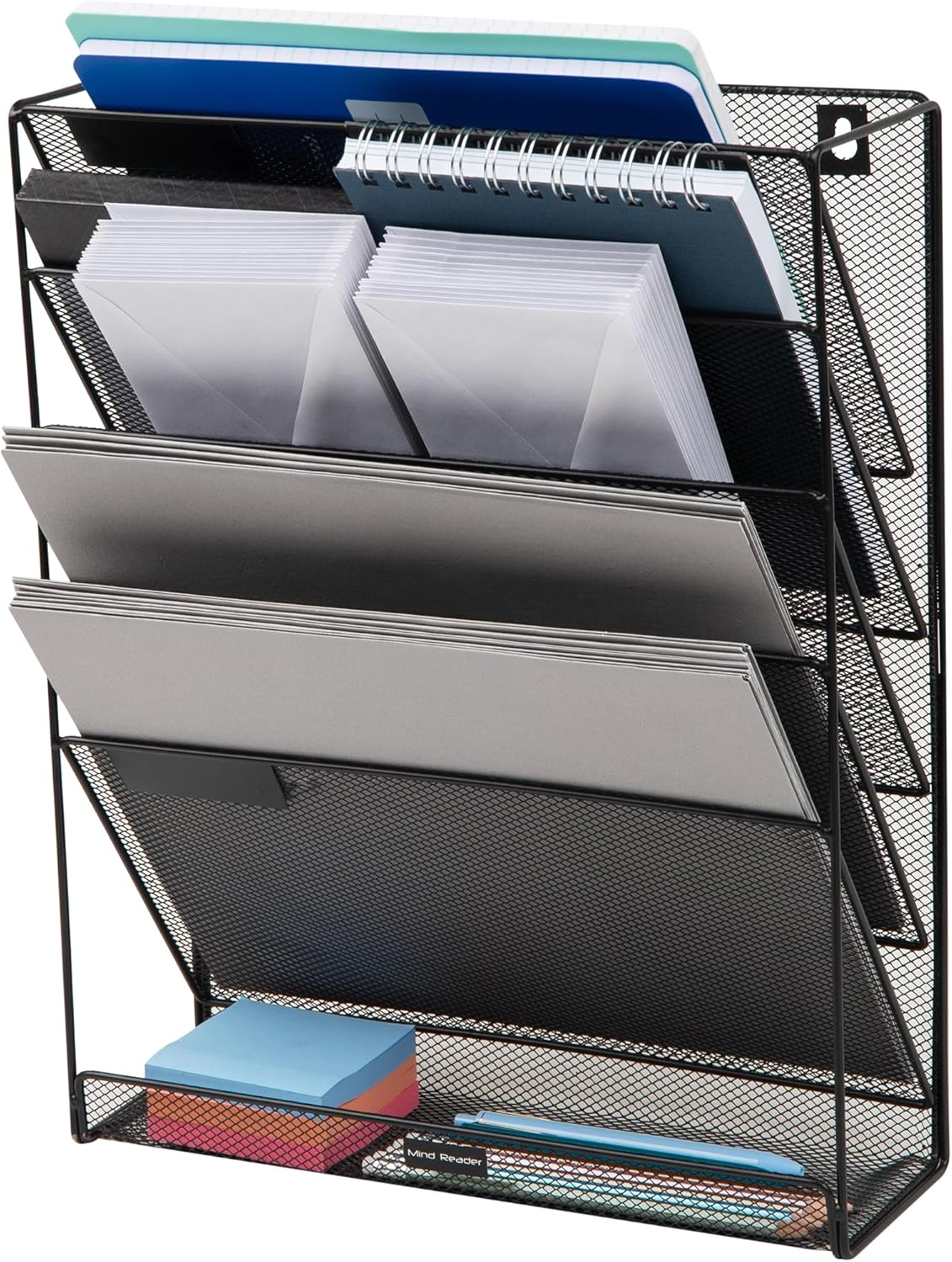 Mind Reader 5-Tier Vertical File Storage, Desktop Organizer, Wall Mount, Office, Metal Mesh, 12.75" L X 4" W X 16" H, Black image number 5