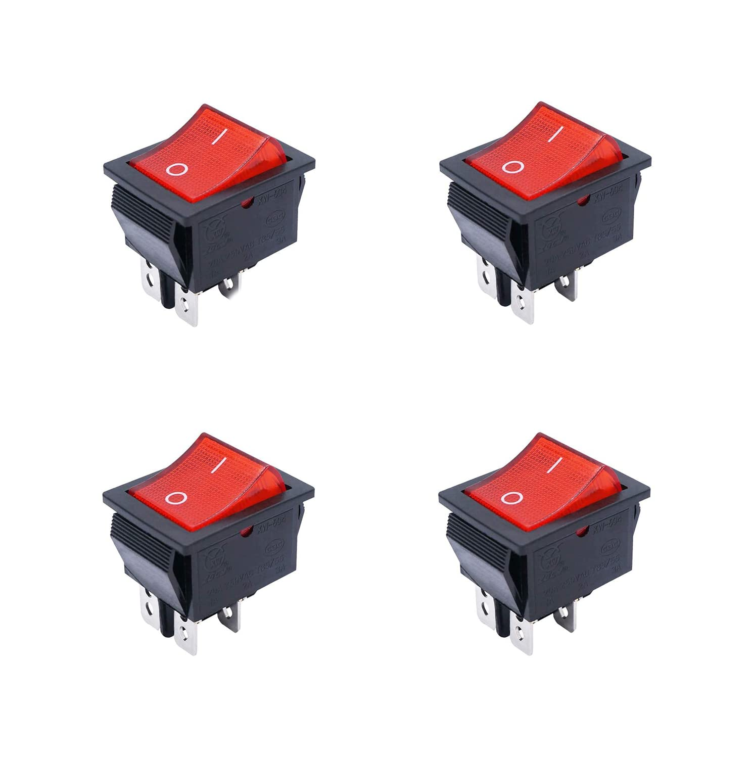 Rocker Switch,4 PCS on off Switch 4 Terminals Red Light Rocker Toggle Switch On/Off DPST 4 Pin 16A 250VAC image number 2