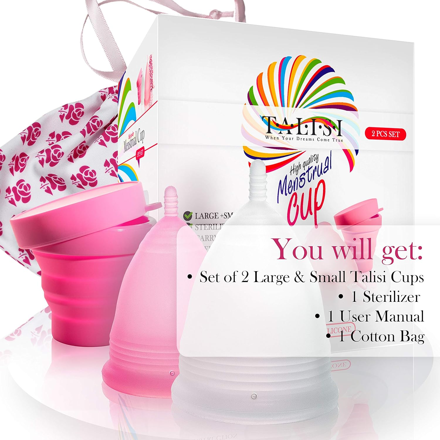 Talisi Menstrual Cups Set of 2 with Collapsible Cleaner Silicone Sterilizer - Soft Reusable Period Kit - Tampon Pads Disc Alternative - Menstruation Feminine Cup Regular, Heavy Flow (Small & Large) image number 1