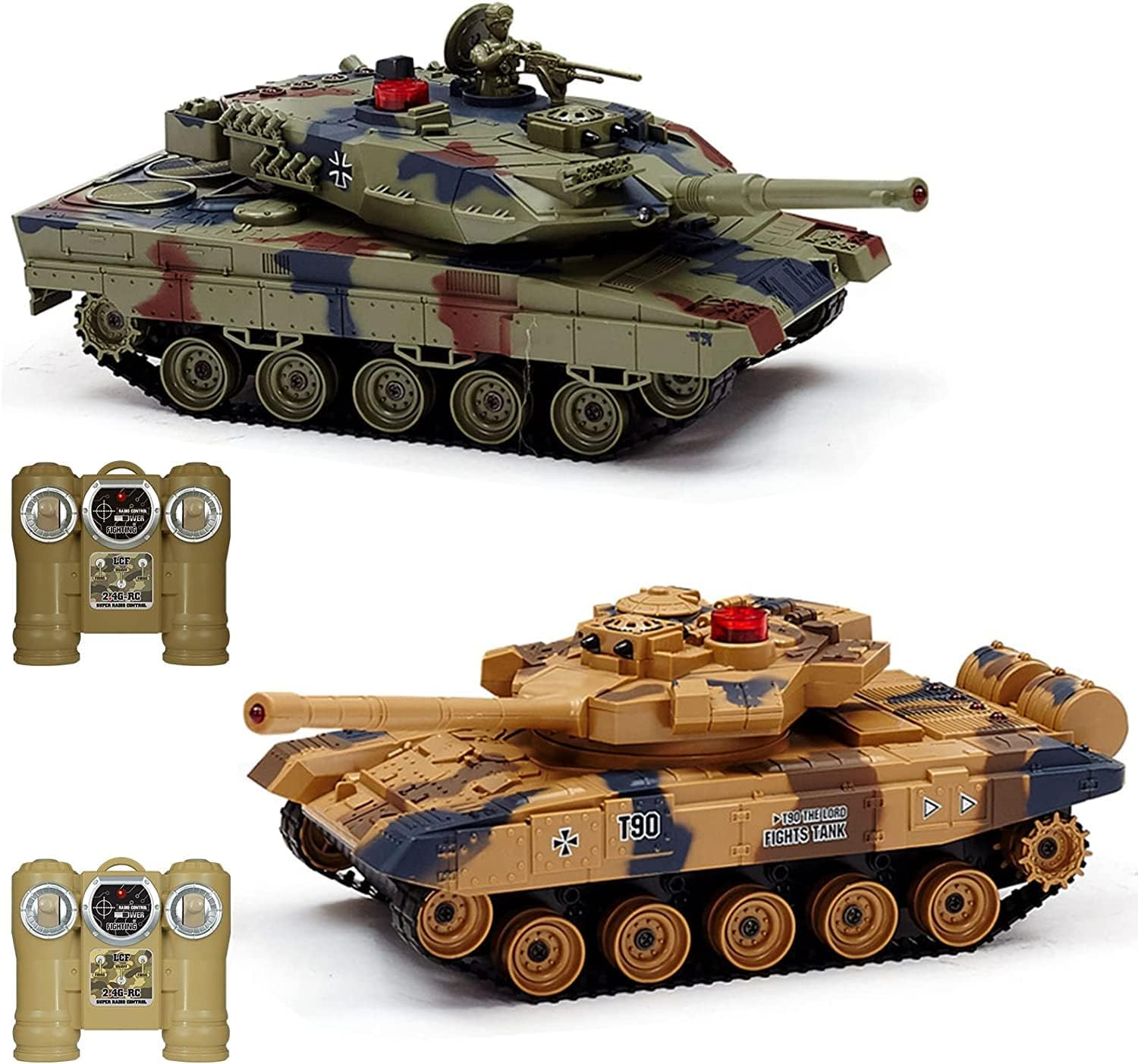 Fistone RC Battle Tank Set, 1/24 Scale 2.4G Remote Control T90 Tank and Leopard Battle Tank with Realistic Sounds, Lights, Life Indicators and Spray Military Toys for Kids and Adults image number 3