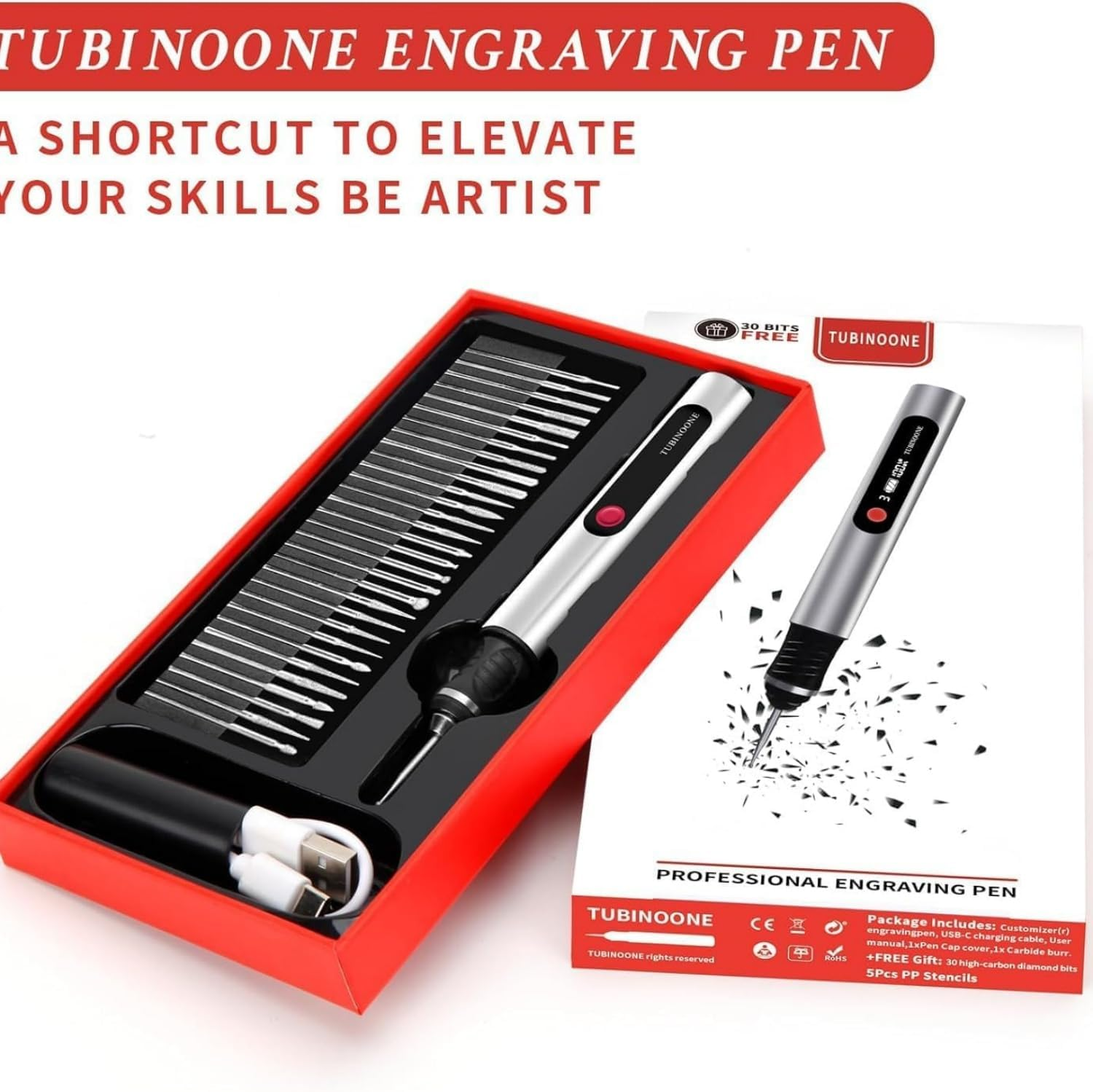 TUBINOONE Engraving Pen, Ultimate Cordless Portable Tool for Artists & Diyers - Engrave 50+ Surfaces - Beginner Friendly - Rechargeable - Free 30 Bits & Mastery Guide & Stencils (Silver) image number 4
