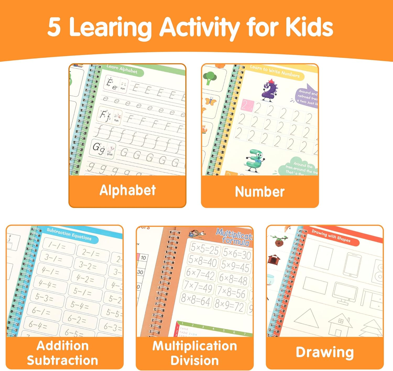 Large Magic Grooved Practice Copybook 5 Pack, Reusable Grooved Handwriting Workbook with Handwriting Aid Magic Pen, Learn to Write Number Letter Tracing for Kids 3-8 Preschool Calligraphy 10.2&times;7.3" image number 6