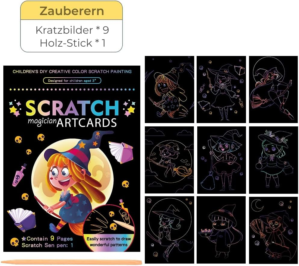 Scratch Picture Set for Children: 9 Scratching Motifs with Great Colour Effects, Various Themes Such as Animal World, Unicorns, Pirates, Dinosaurs, Mermaids (Fairy Tale and Wizardess) image number 1