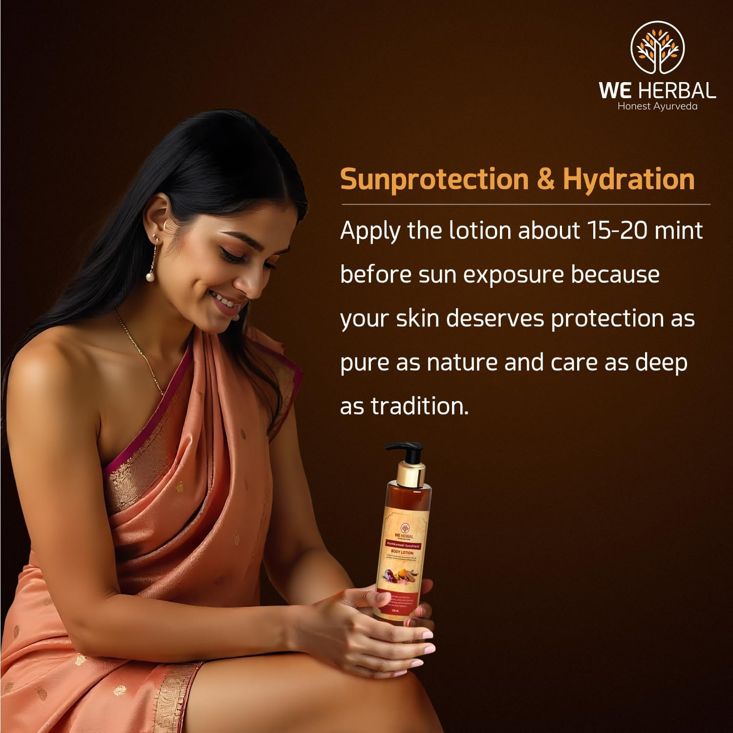 We Herbal Kumkumadi Sunshield Body Lotion | Ayurvedic Sunscreen & Deep Moisturiser with Rosehip, Almond & Carrot Extract | Non-Greasy | No Harsh Chemicals | 180Ml image number 1