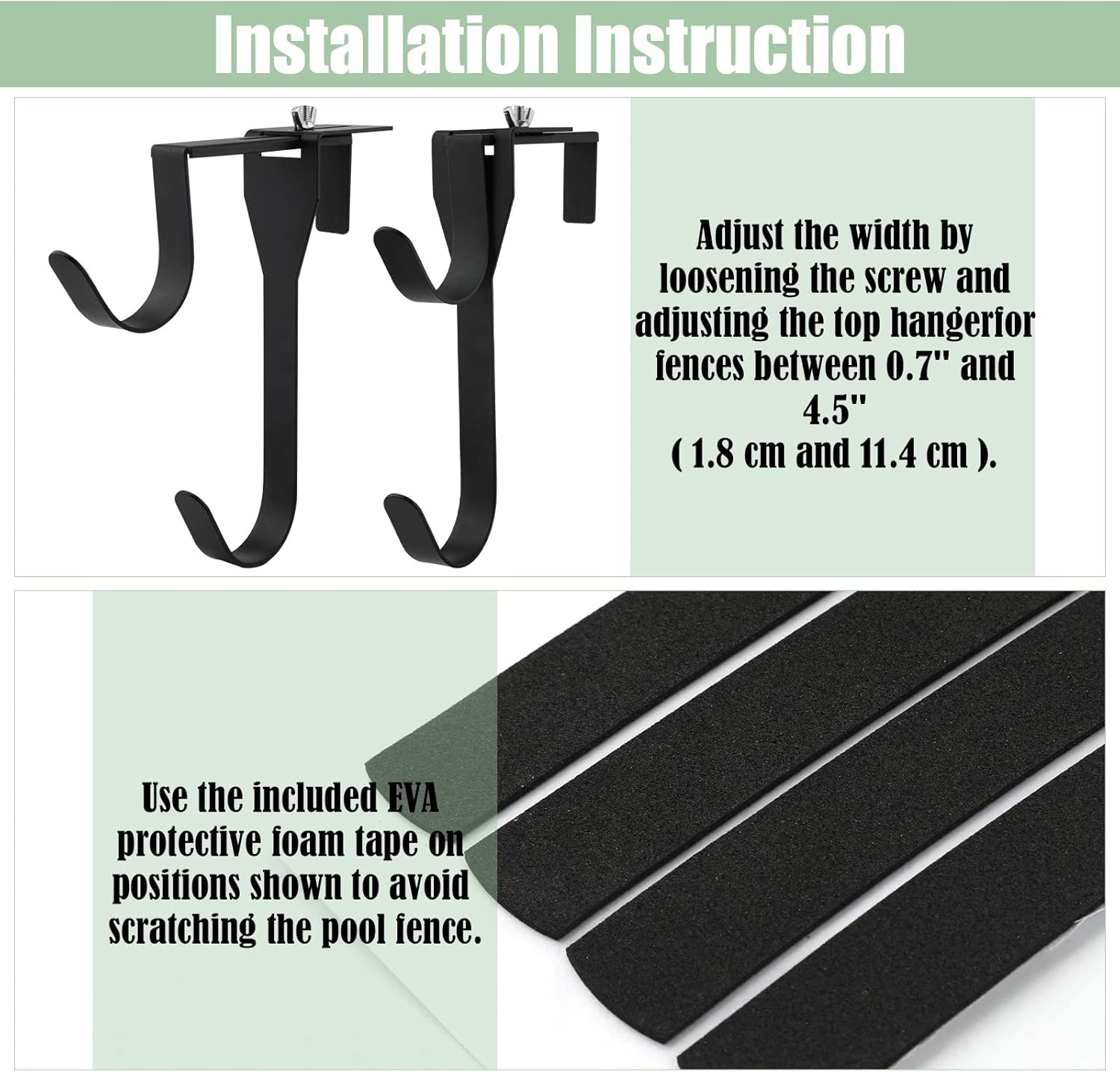 AIEX 2PCS Adjustable Pool Pole Hooks, Double Hooks for Hanging Rustproof Pool Fence Hooks Metal Pool Pole Holder Pool Tool Hooks for Wall Pool Fence(Black) image number 6