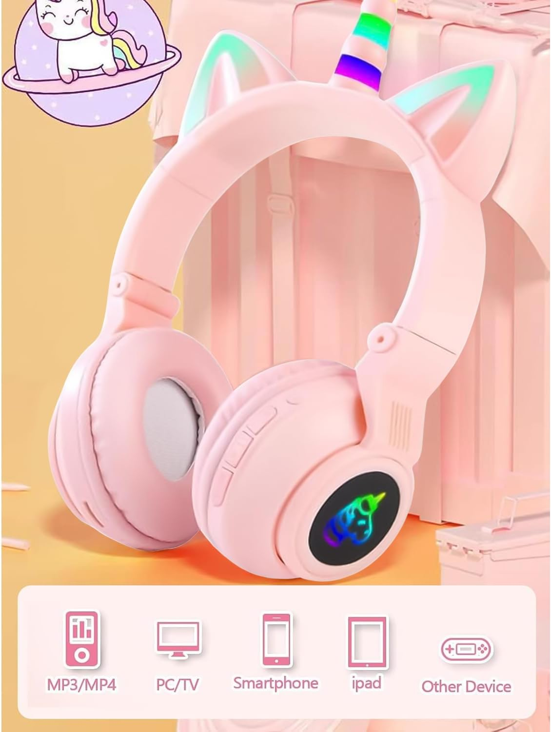 OHAANYY Wireless Headphones for Children, Headphones Bluetooth Unicorn Foldable, Girls with Cable and Microphone Headphones Children with LED Light Stereo Headphones for Mobile Phone/Tablet/Pc (Pink) image number 3
