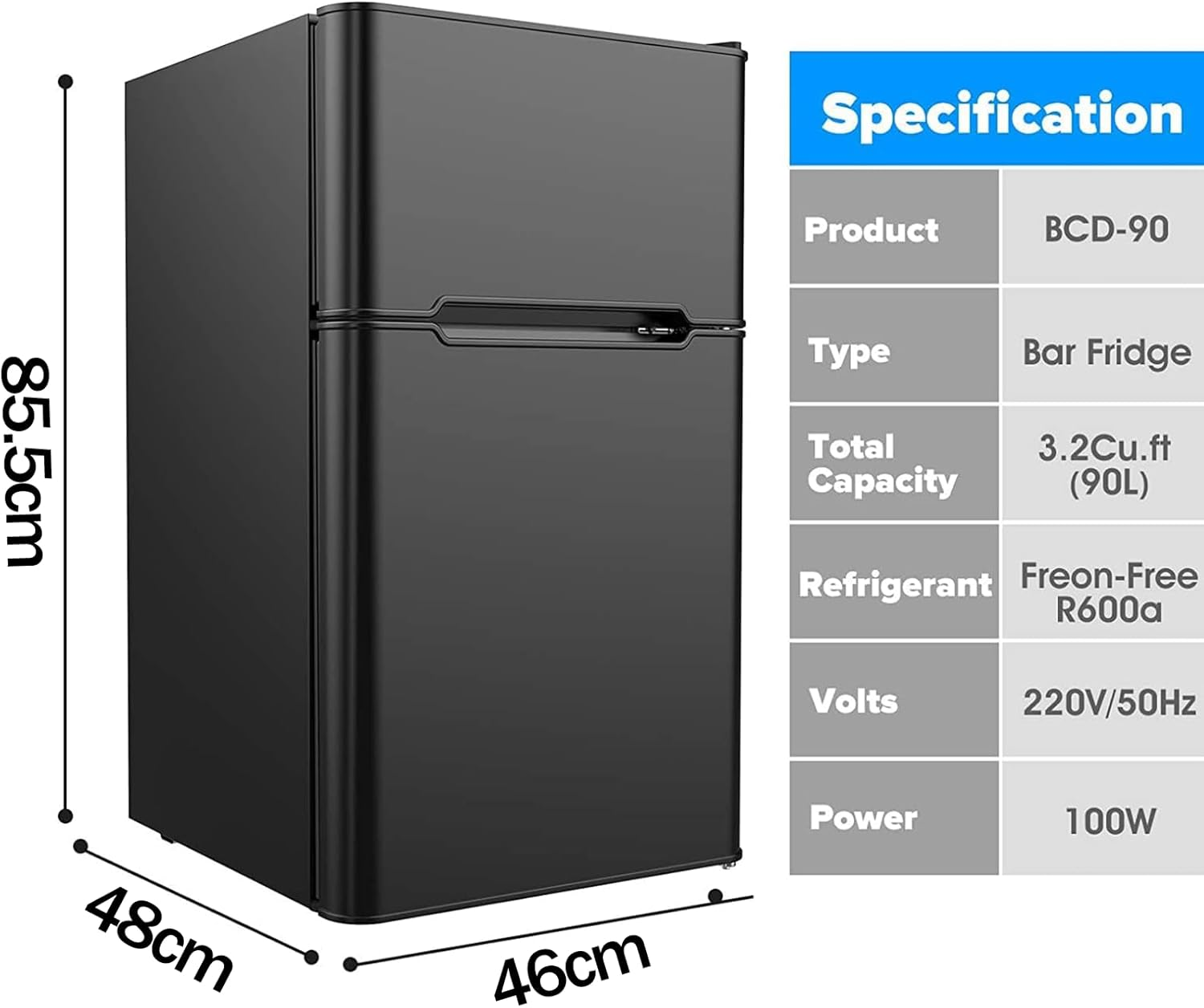 Advwin 90L Bar Fridge, Mini Fridge Freezer Double Doors Independent Temperature Control Portable Bar Home Office Commercial Refrigerator for Cola Beer Beverage Black image number 5