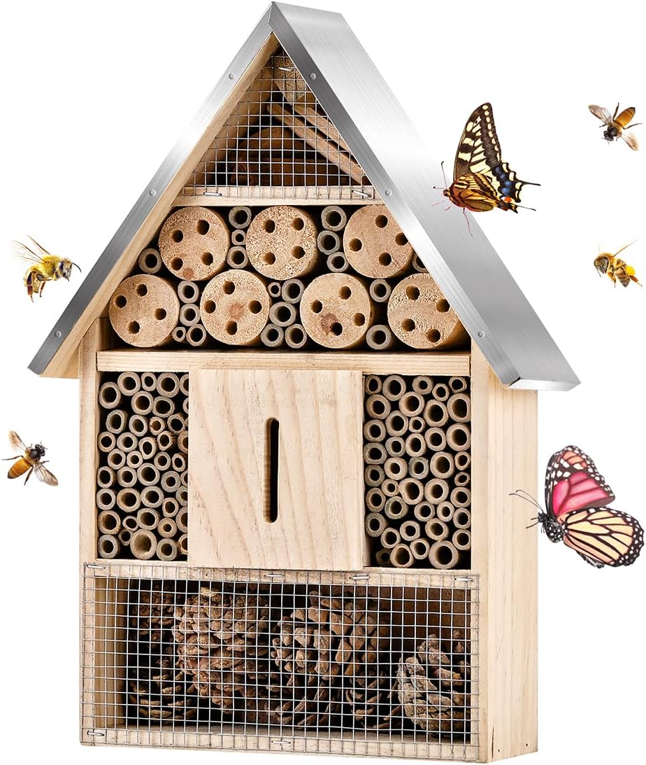 Wooden Mason Insect House, Outdoor Hanging Bamboo Habitat for Bees, Butterflies, Ladybugs - Garden Insect Hotel, 9 X 15.7 X 2.5 Inch image number 4