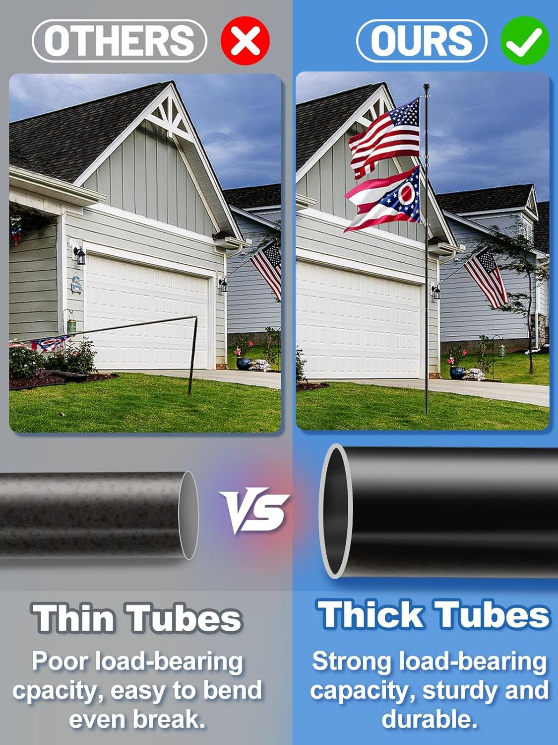 Acostop 10 FT Heavy Duty Flag Poles in Ground with 5 Pronges Base- Extra Thick Flag Pole Kit for Yard, Fit for 2 Flags- Windproof Ground Flag Poles for outside House Residential or Commercial, Black