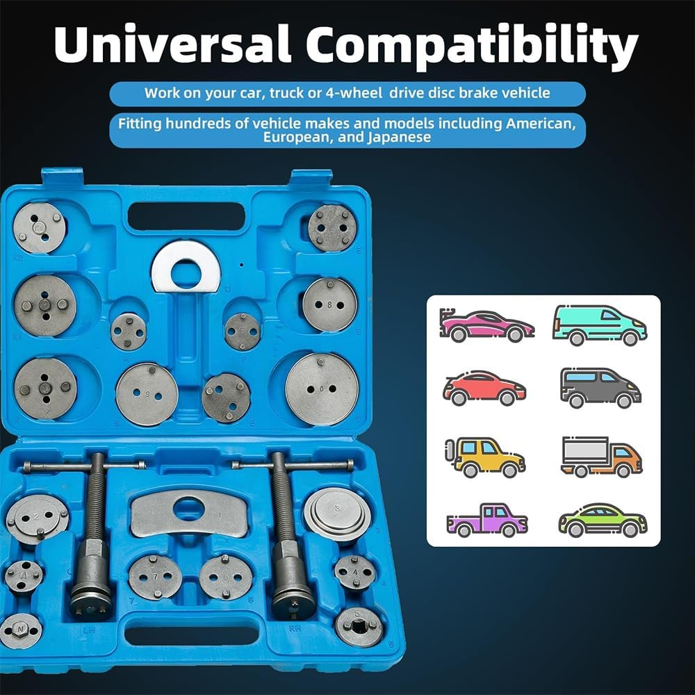 MTSDM 22Pcs Disc Brake Caliper Piston Rewind Tool Kit, Heavy Duty Disc Brake Piston Caliper Compressor Rewind for Brake Pad Replacement Reset Brake Cylinder Return Brake Pad Removal Fits Most Autos image number 1