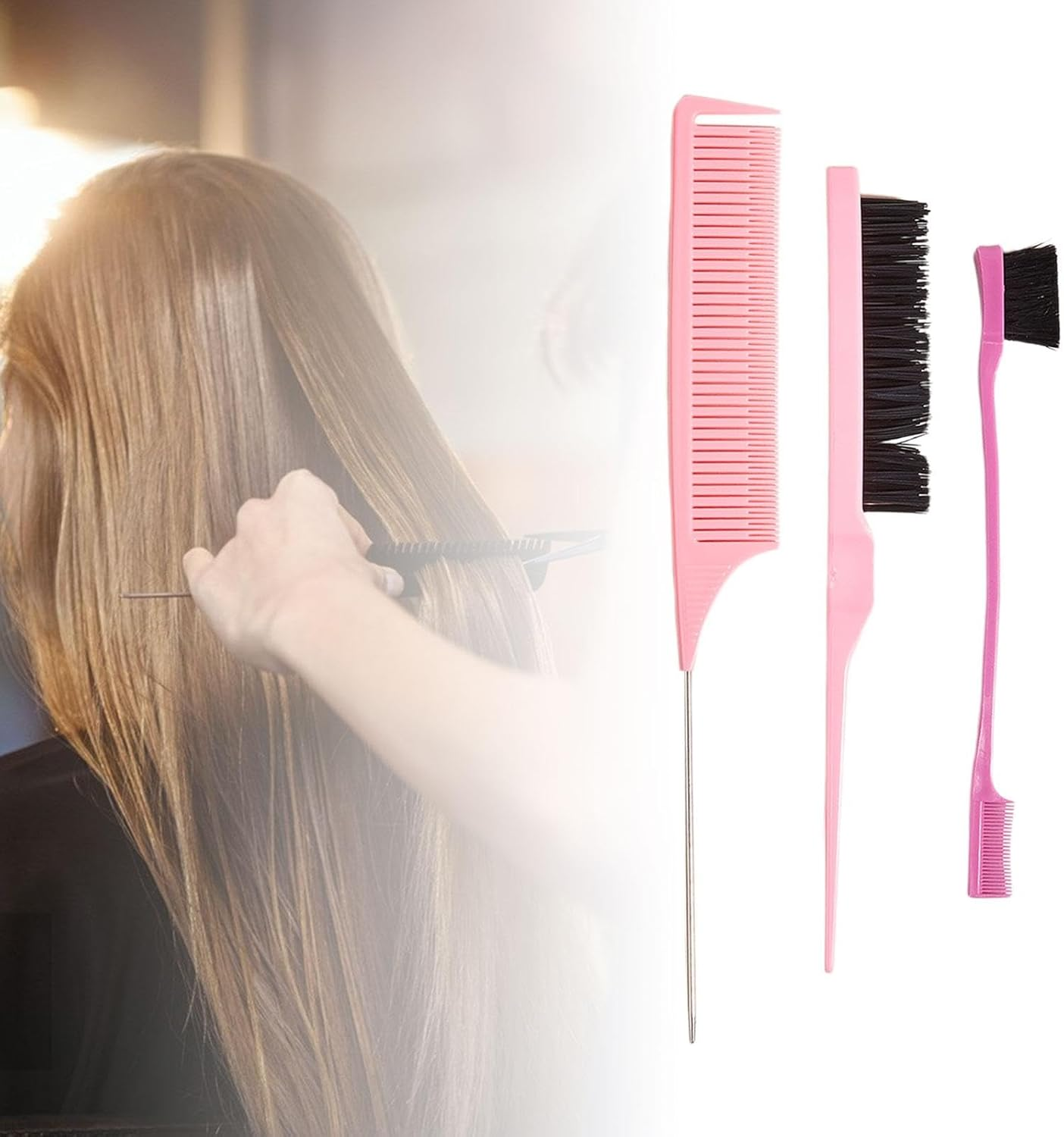Eigell 3 Pieces Hair Styling Comb Set, Pin Tail Combs Sturdy Slick Brush Set Bristle Hair Brush Edge Brush for Smoothing Hair & Flyaways image number 3