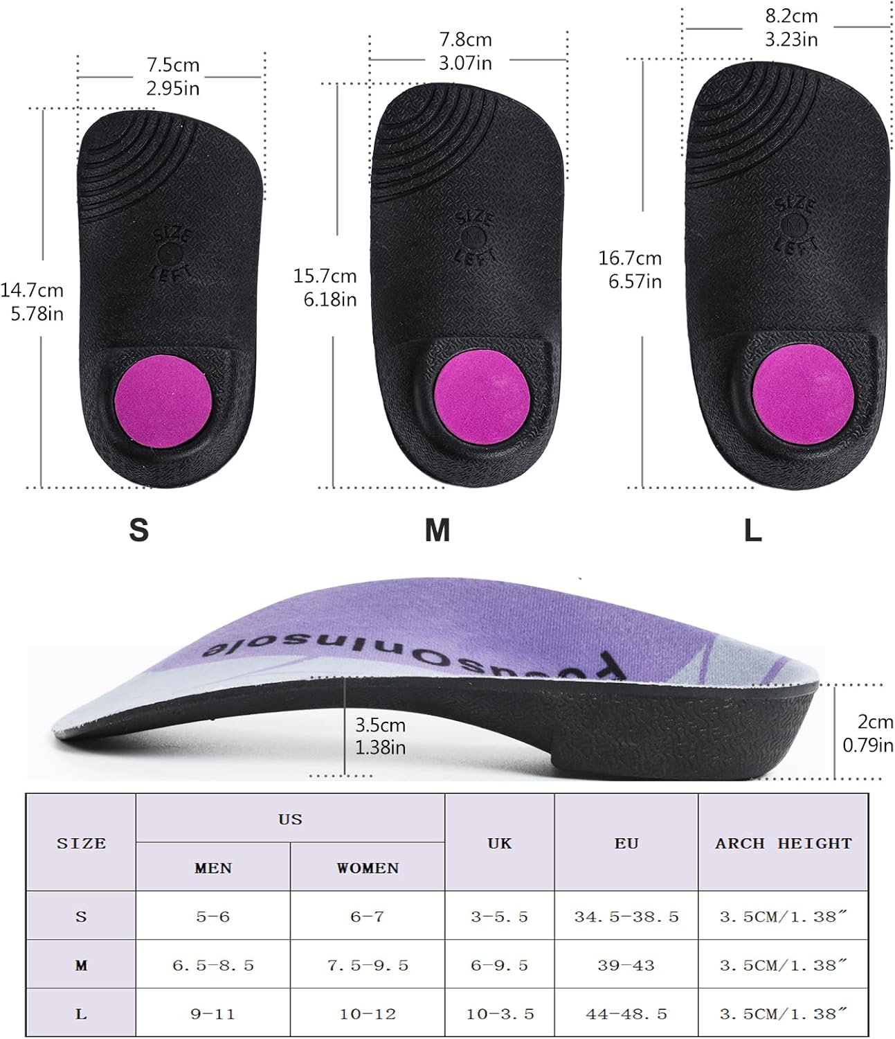 Plantar Fasciitis 3/4 Length Insoles, High Arch Supports Orthotic Insoles, Men/Women, 1 Pair, Flat Feet, Over-Pronation, Heel Spur Pain Relief Shoe Inserts for Walking Running Sport image number 2
