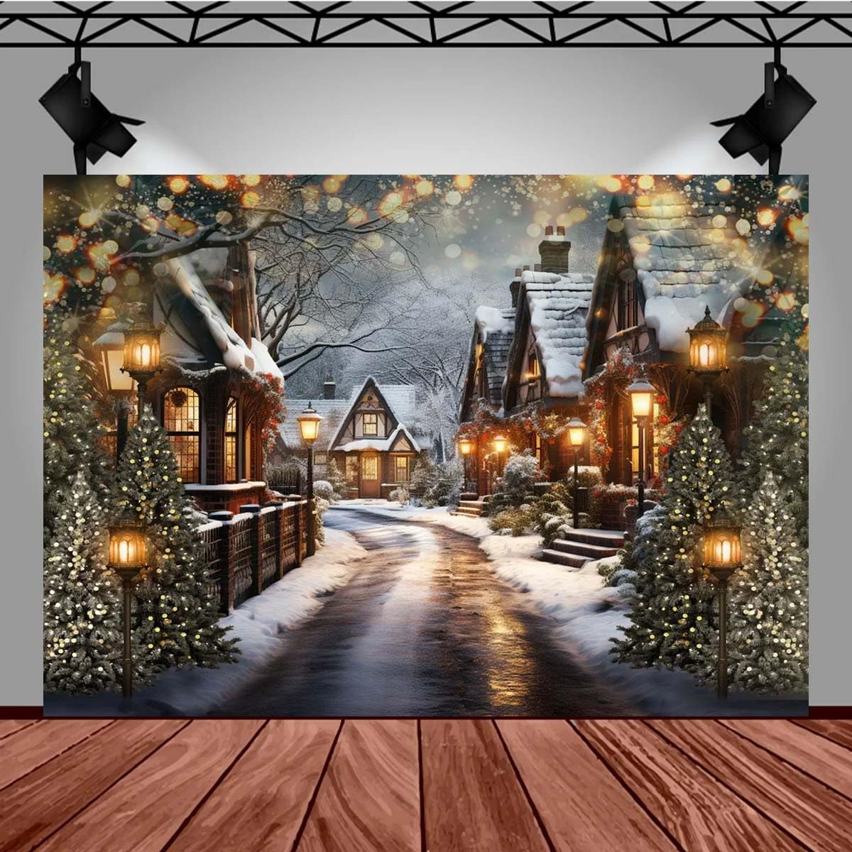 Christmas Snowy Night Background Photography Street Lights Houses Shops Christmas Trees Children Family Backdrops Winter Christmas Eve Fairytale Street Lights Snowy Scene Background,7X5Feet image number 1