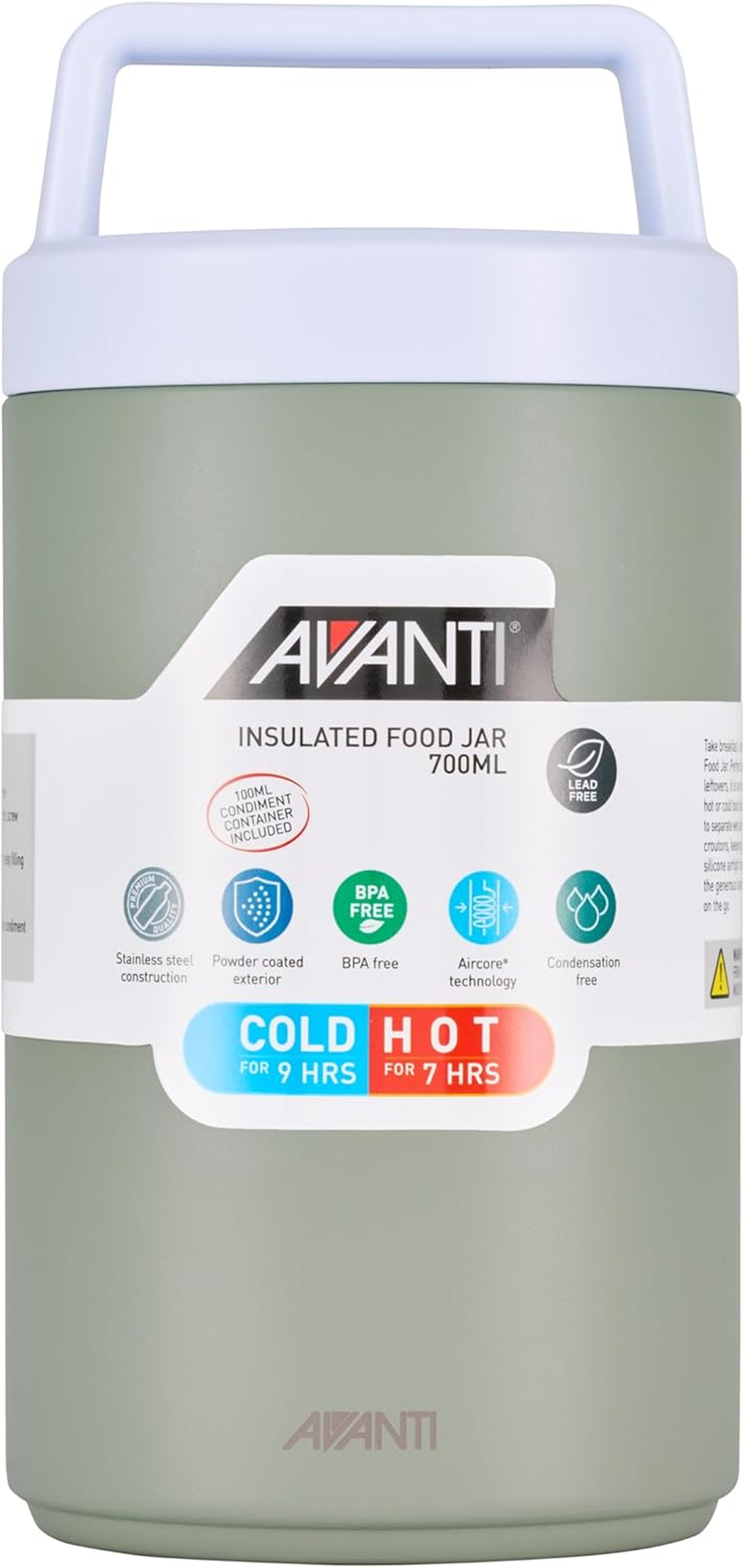 Avanti Insulated Food Jar with Nested Condiments Container and Leakproof Screw Top Lid with Carry Handle, 480Ml, Agave