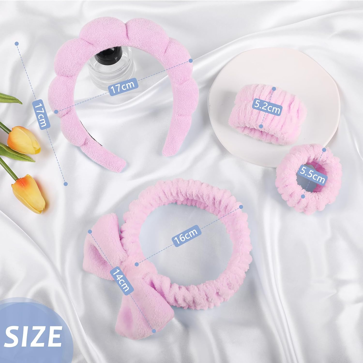 Bighan Spa Makeup Headband Set, Headband Skincare Headband for Woman, Face Wash Wristband and Bowknot Hair Band, Facial Wrist Towel Washbands for Women Girls, Pink - Blue image number 6