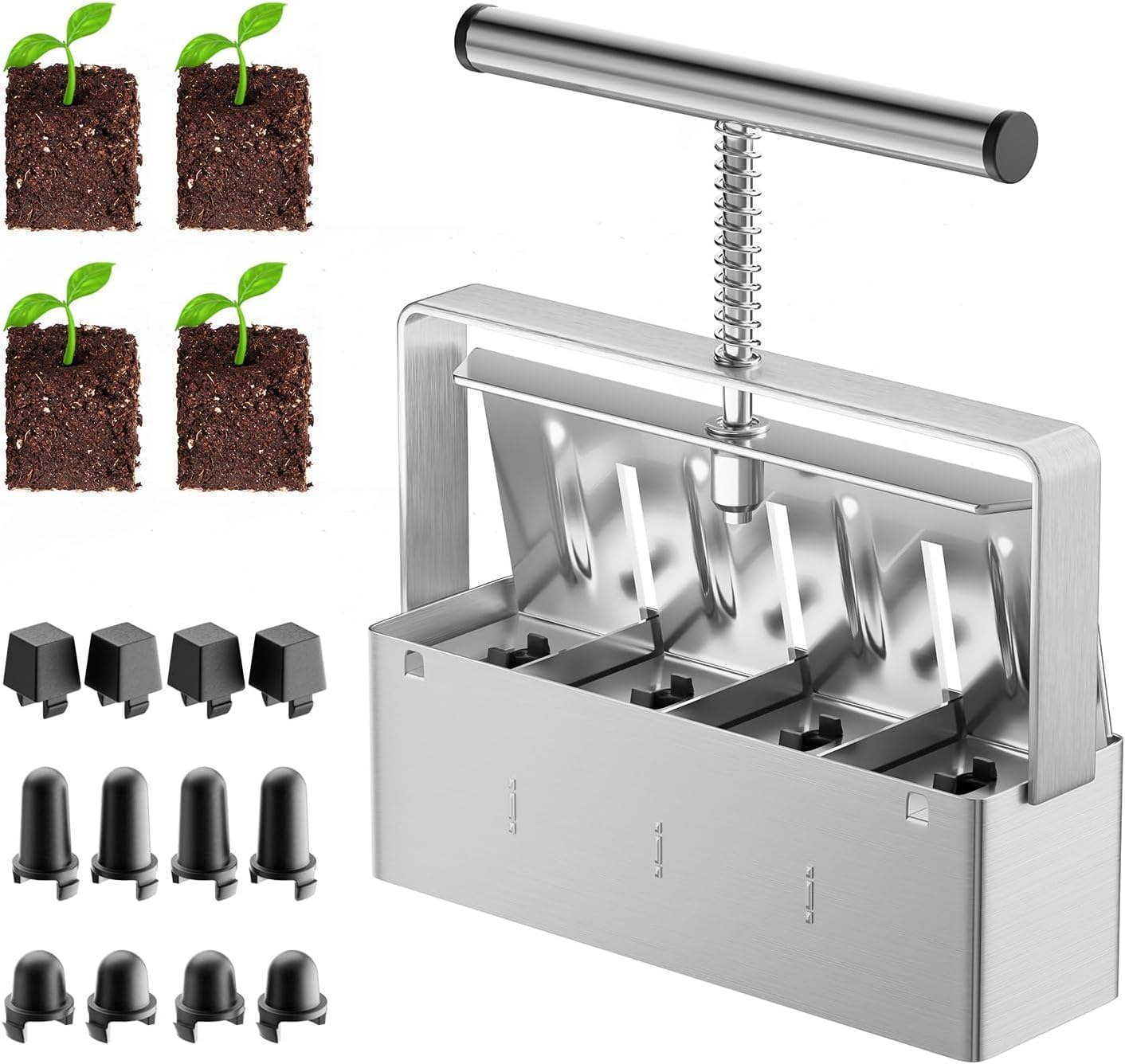 Soil Blocker, 4 Cell Soil Block Maker 5 CM with 3 Sizes Seed Pins, Seed Handheld Block Maker with Comfortable Handle, Garden Blocking Tools for Seedings, Cuttings, Greenhouses image number 5