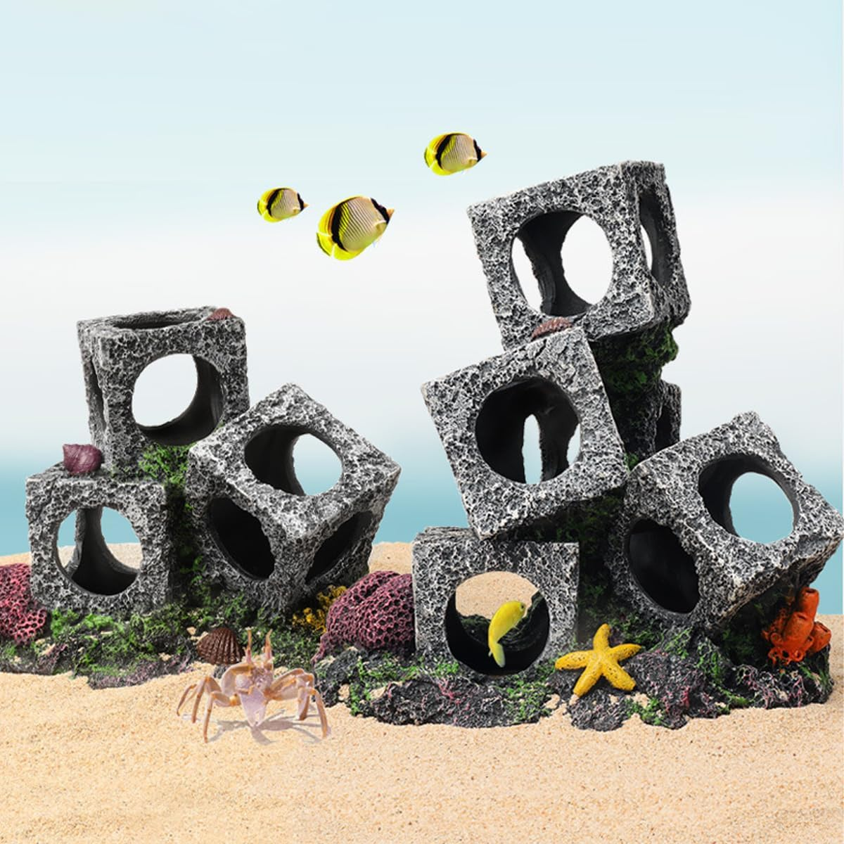 AIMALL Resin Square Fish Tank Cave Set 2/3/5 Cubes Aquarium Hideout Rock Decoration Cichlid Breeding Shelter Shrimp Hiding Box Aquascape Ornament
