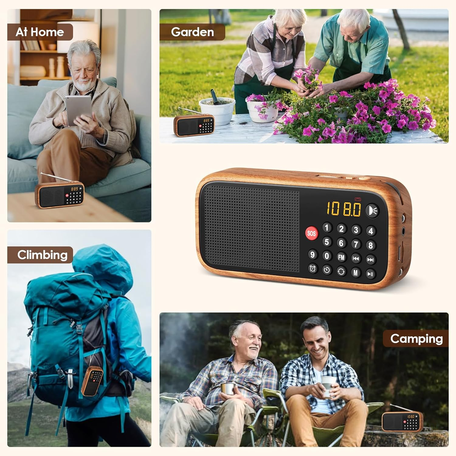 LEOTEC Rechargeable FM Radio with Bluetooth,Digital Radio,Portable Vintage Wood Table Alarm Clock Radios with 1800Mah Lithium Battery,Type-C Charging/Sos/Aux/Usb,Great for Seniors image number 2