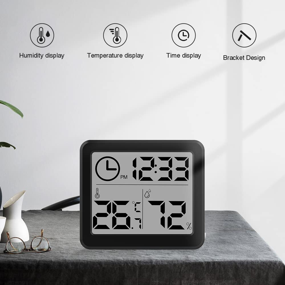 [2 Pack] 3.2 Inch Digital Indoor Hygrometer Thermometer, Room Thermometer Humidity Gauge with Time Clock, High Accuracy Temperature Humidity Monitor with Magnet for Home Office Greenhouse, Black image number 1