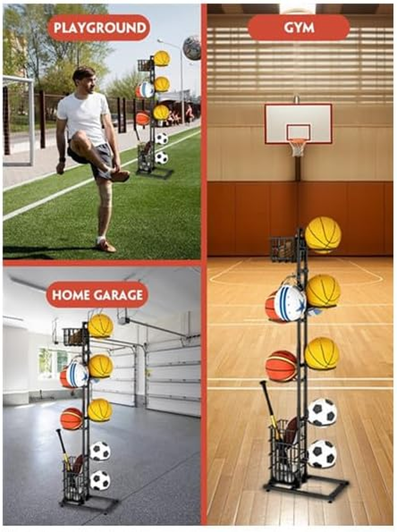 Basketball Storage Rack, Independent Basketball Rack, Sports Equipment Storage Rack with Baskets and Hooks, Suitable for Vertical Ball Racks for Football, Volleyball, Rugby, Basketball, and Badminton. image number 4