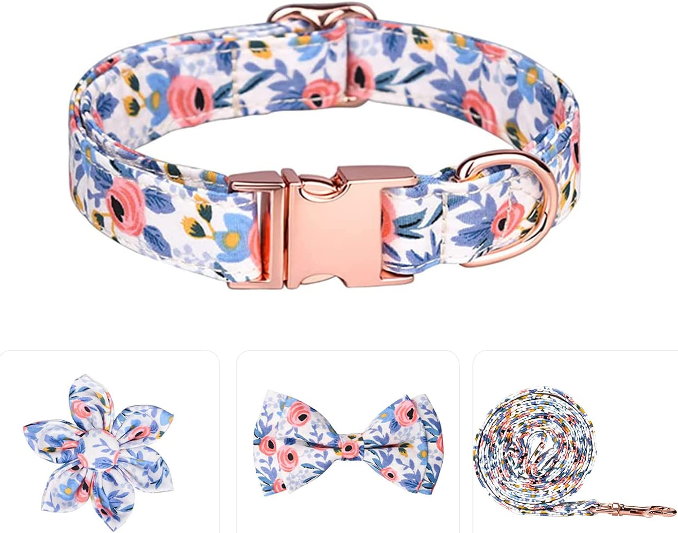 Dog Collar with Flower and Bow Tie，Adjustable Metal Buckle Floral Pattern Dog Collar for Girl Dog Boy Dog Small Medium Large Dog (L-Neck 14.9-23.6", Width 1", Blue) image number 1