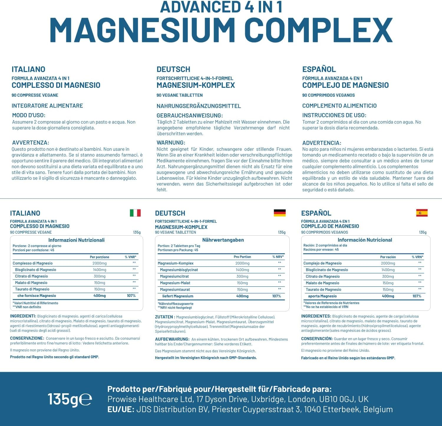 Magnesium Glycinate Complex 4 in 1-2000Mg per Serving | Precise 400Mg Elemental Magnesium Dose | Added Magnesium Bisglycinate, Citrate, Malate & Taurate | 90 Vegan Tablets - by Prowise image number 3