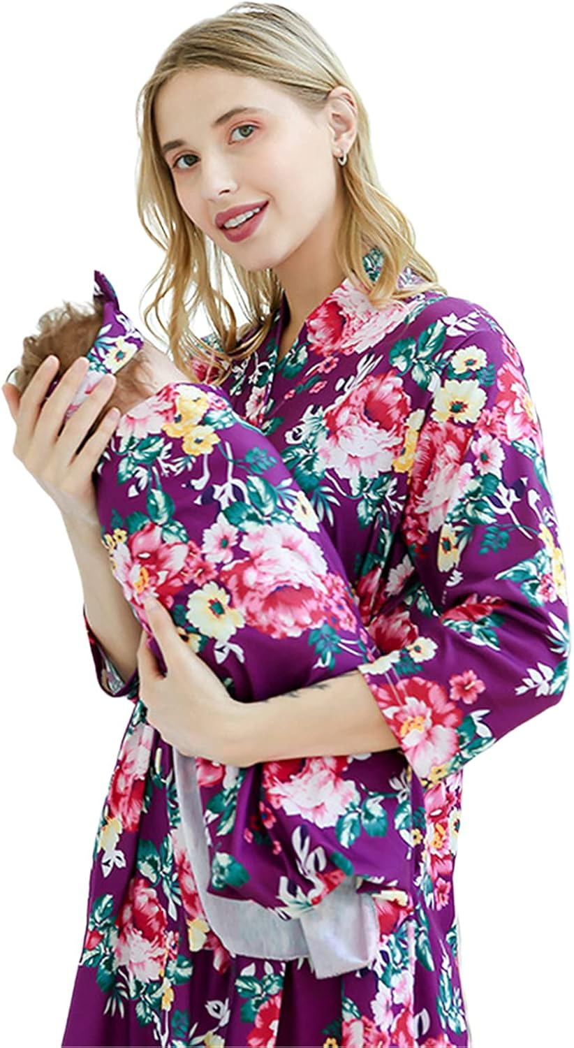 Maternity Robe Matching Bafby Receiving Swaddle Blanket Set Newborn Hospital Labor Delivery Nursing Pregnancy Robe (Purple - 3Pcs, L-XL) image number 3