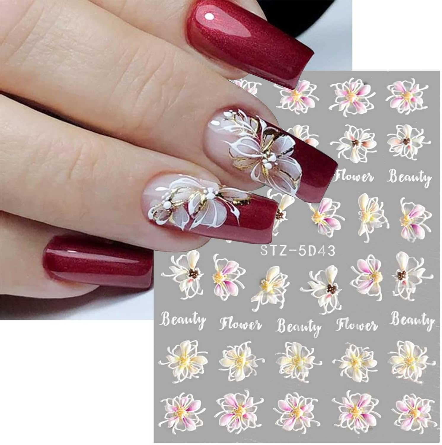 3D Embossed Flower Nail Art Stickers Decals Self-Adhesive Pegatinas U&ntilde;as 5D Floral Nail Supplies Nail Art Design Decoration Accessories 4 Sheets image number 6
