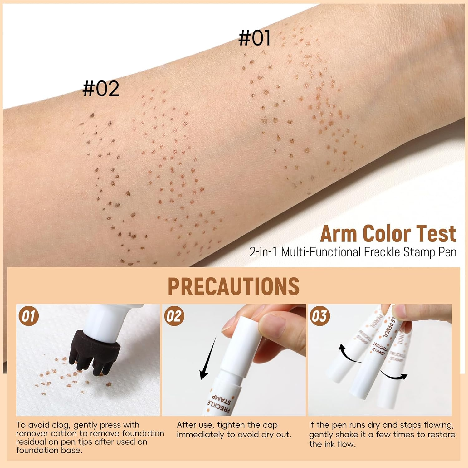Noerrors 2 Colours Freckle Stamp Pen, Dual Ended 2 in 1 Artificial Freckle Marker Waterproof Quick Drying Eyeliner for Natural Sun Kiss Makeup, Light Brown & Dark Brown image number 6