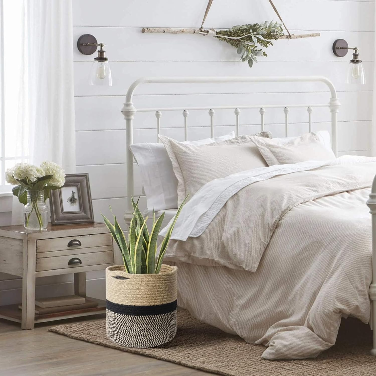 2Pcs Jute Cotton Rope Plant Basket, Woven Baskets for 27Cm Inch Flower Pot Home Decor, round Indoor Planters Storage Organizer, Brown Black 27 * 27 * 27Cm image number 2