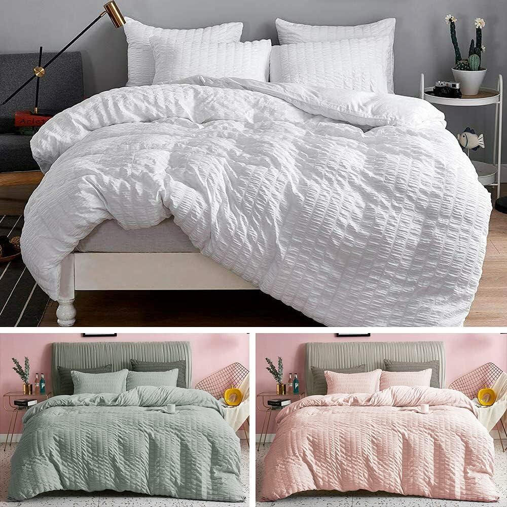 Seersucker Style Striped Quilt Duvet Doona Cover Set Bedding White Grey Pink (Blush Pink, Single) image number 1