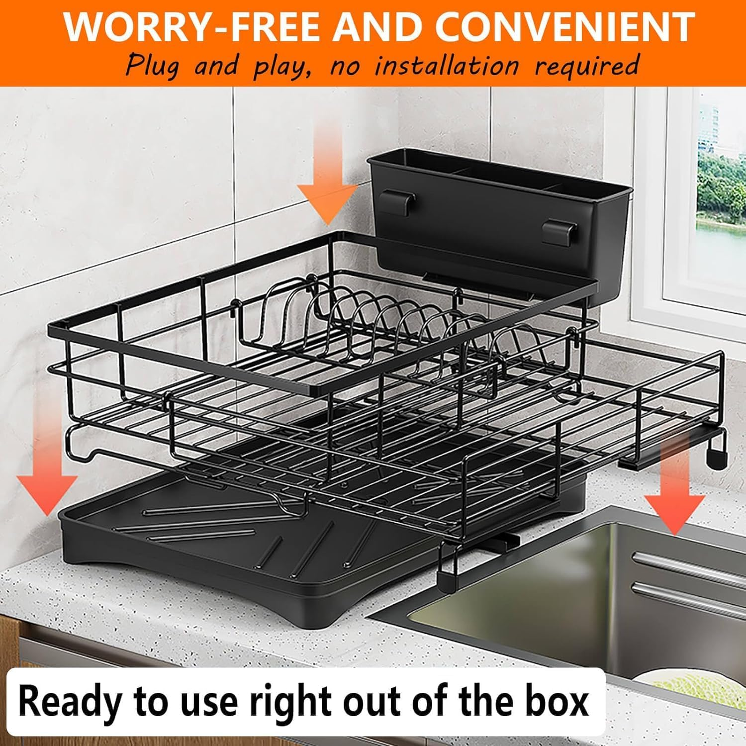 Dish Drying Rack with Drainboard - Expandable 2-In-1 Dish Drainer with Swivel Drainage Spout, Rust-Resistant Dish Rack with Pan Slots and Cutlery Holder for Kitchen Counter and Sink, Black image number 2