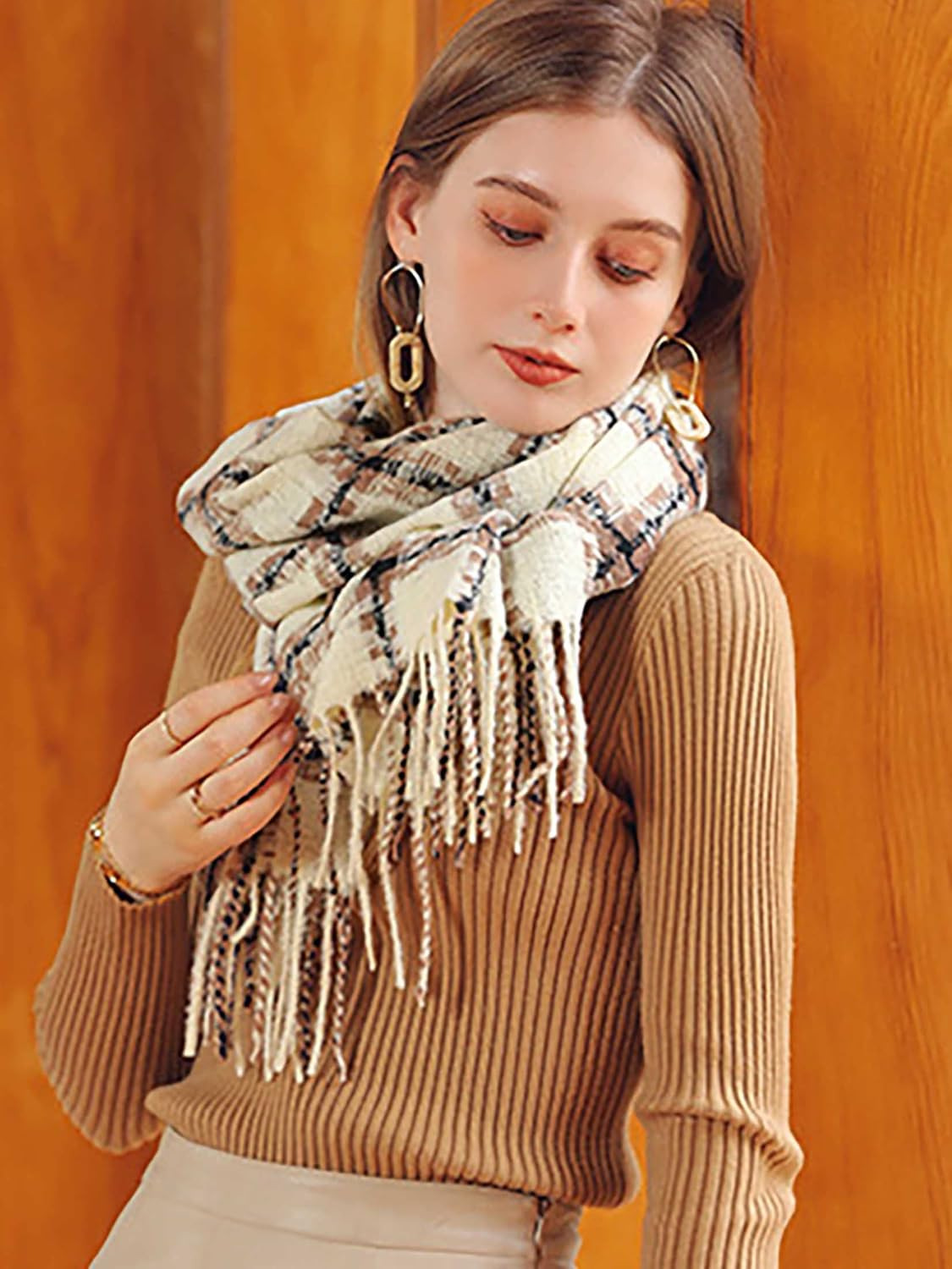 Campsis Winter Scarf Women'S Warm Long Shawl Big Grid Plaid Check Blanket Scarves Fringe Cashmere Feel Pashmina Cozy Shawl Wraps Cold Weather Accessories for Women and Girls, Beige, 7 image number 6