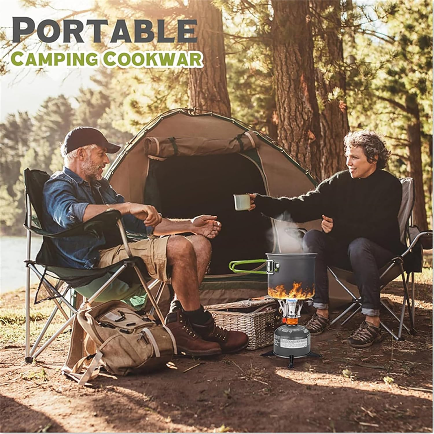 8-Teiliges Camping-Kochgeschirr-Set, Zusammenklappbarer Campingkocher, Leichtes Topf-Pfannen-Set Mit Edelstahlbecher Und Gabel, L&ouml;ffel Zum Kochen Im Freien, Camping, Wandern image number 1