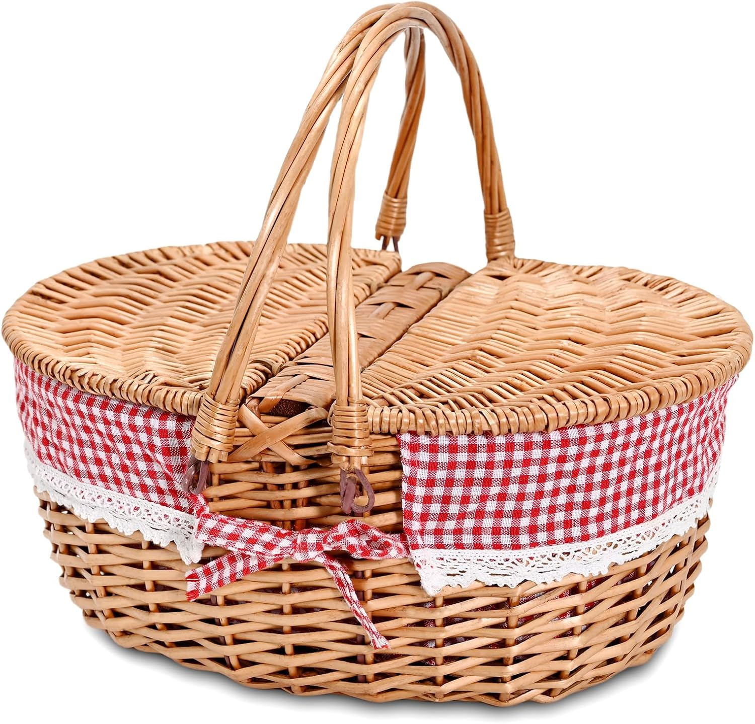 Wicker Picnic Basket with Removable Liner Empty Picnic Baskets with Lid for 2, Picnic Hamper with Foldable Handles for Picnic 2,Checkered image number 4