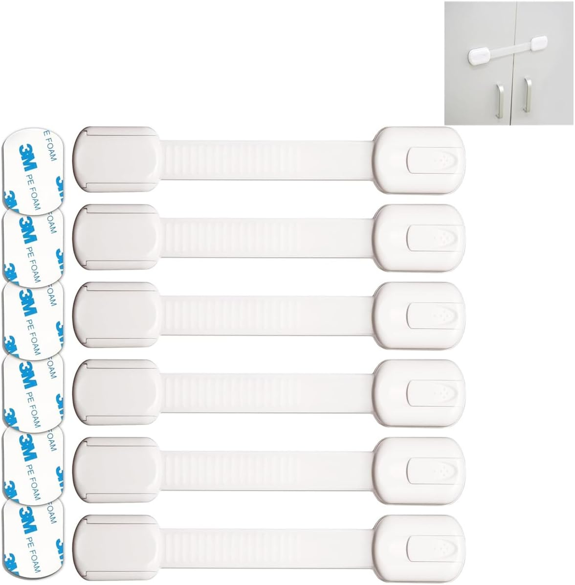 6 Pcs Adjustable Safety Cabinet Locks (White) Extra 3M Adhesive No Screws for Drawers, Cupboard, Closet, Doors - No Drilling image number 1