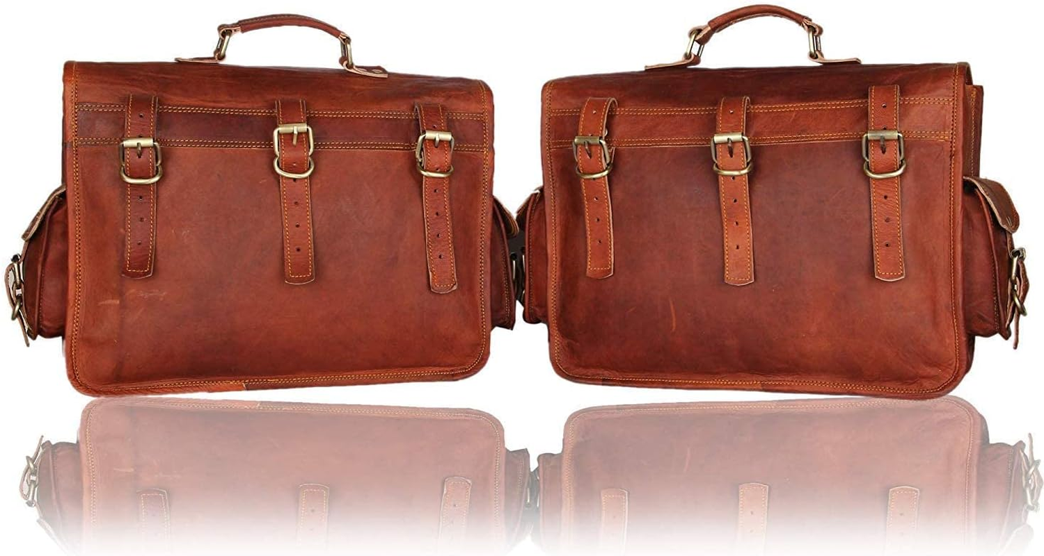 Saddle Bags Motorcycles Bike Powersports Accessories Road Bicycle 15 Inches Pair Leather Brown Scooter Panniers Saddlebags Water Rear Rack Bag for Tool Gear Pouch