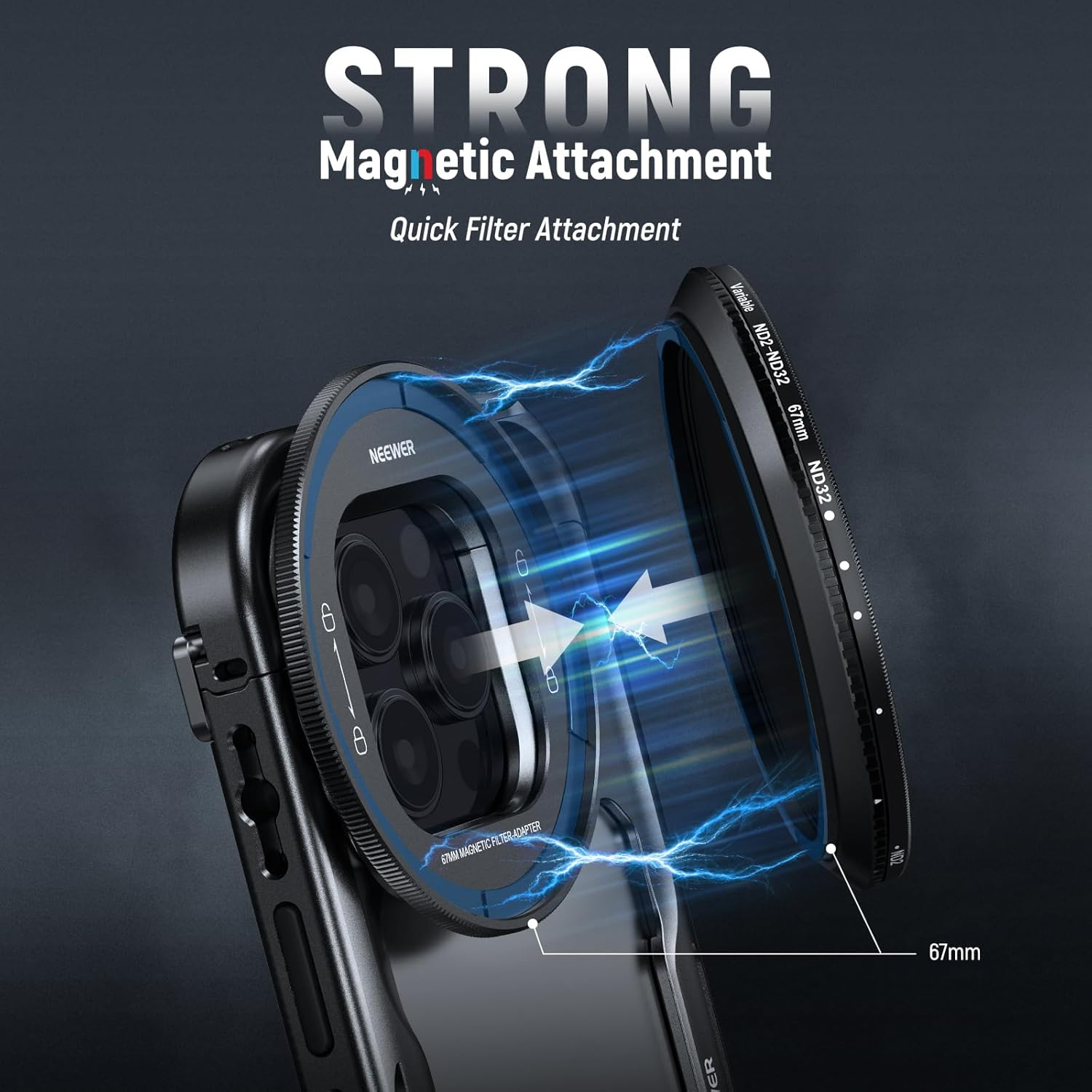 NEEWER 67Mm Magnetic ND Filter Set, Variable ND2-32 (1-5 Stops) Multicoated HD with Magnetic Filter Backplate Adapter, Compatible with Iphone 16 Pro/16 Pro Max Phone Cage Video Rig (PA073/PA074) image number 2