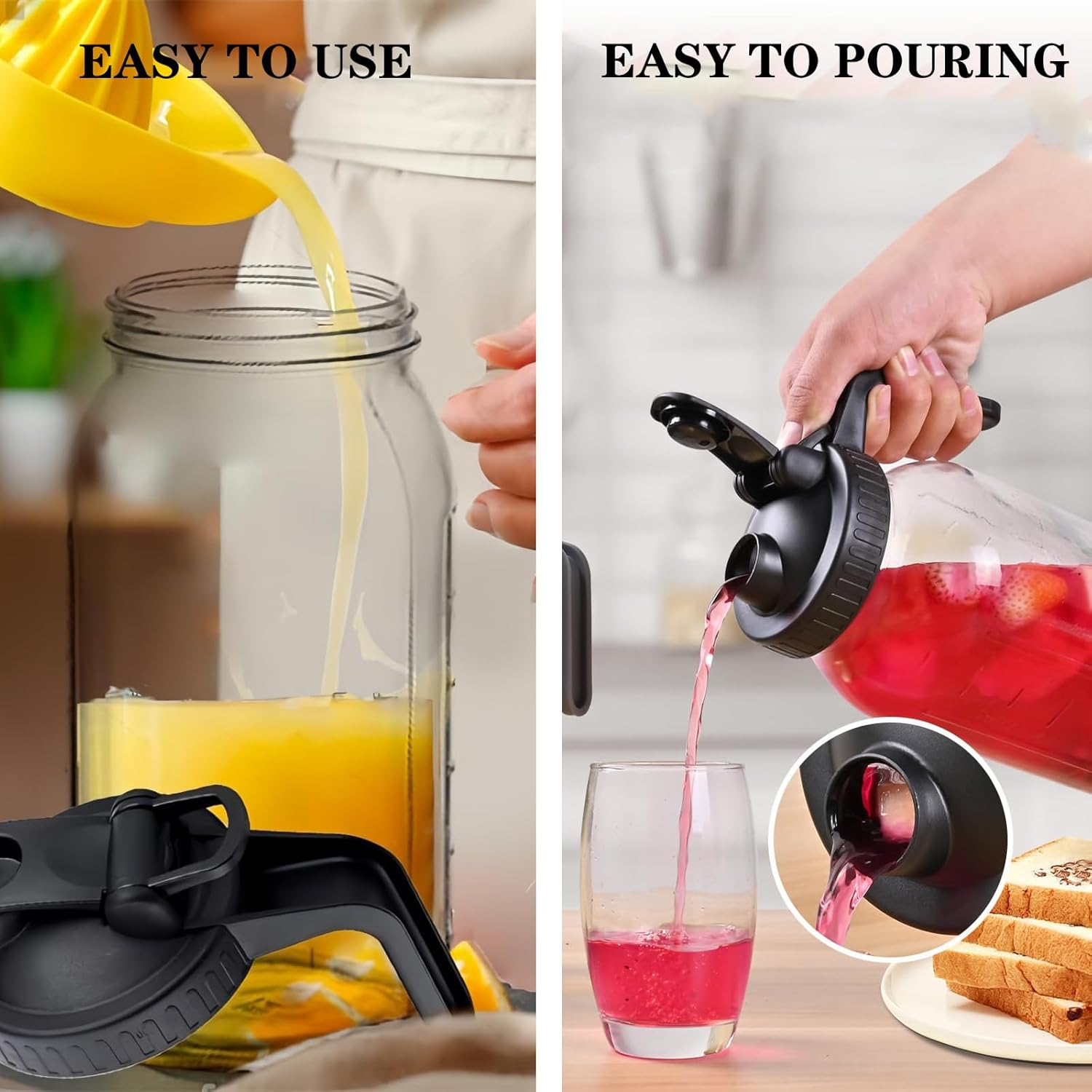 2 Pack Glass Water Jugs with Lid and Spout, 64Oz 1900ML Wide Mouth Mason Jar Pitcher, Leak-Proof Homemade Juice Bottle for Iced Tea Coffee Milk and Drinks image number 1