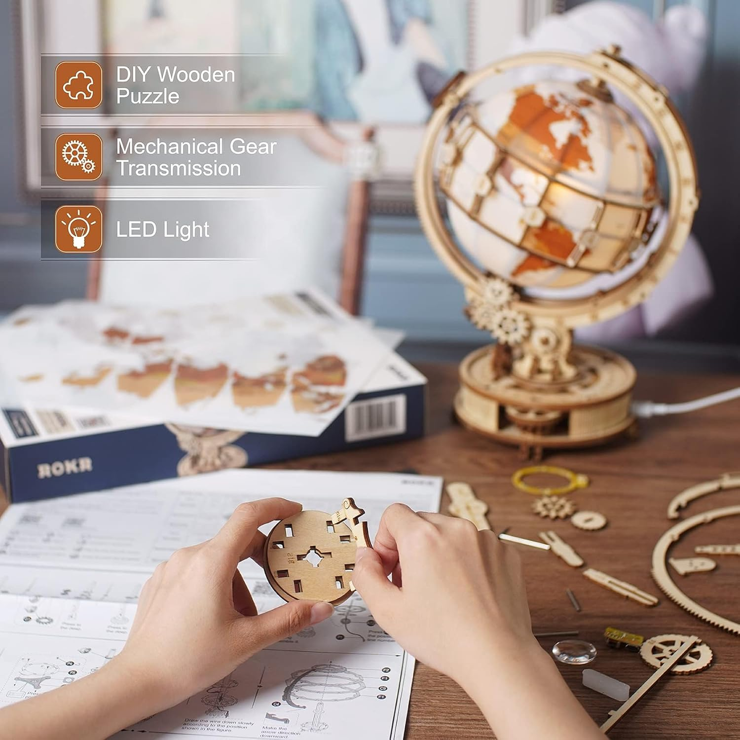 ROKR 3D Wooden Puzzles for Adults Illuminated Globe with Stand 180Pcs 3D Puzzles Built-In LED Model Kit Home Decor Gifts for Teens/Adults image number 1