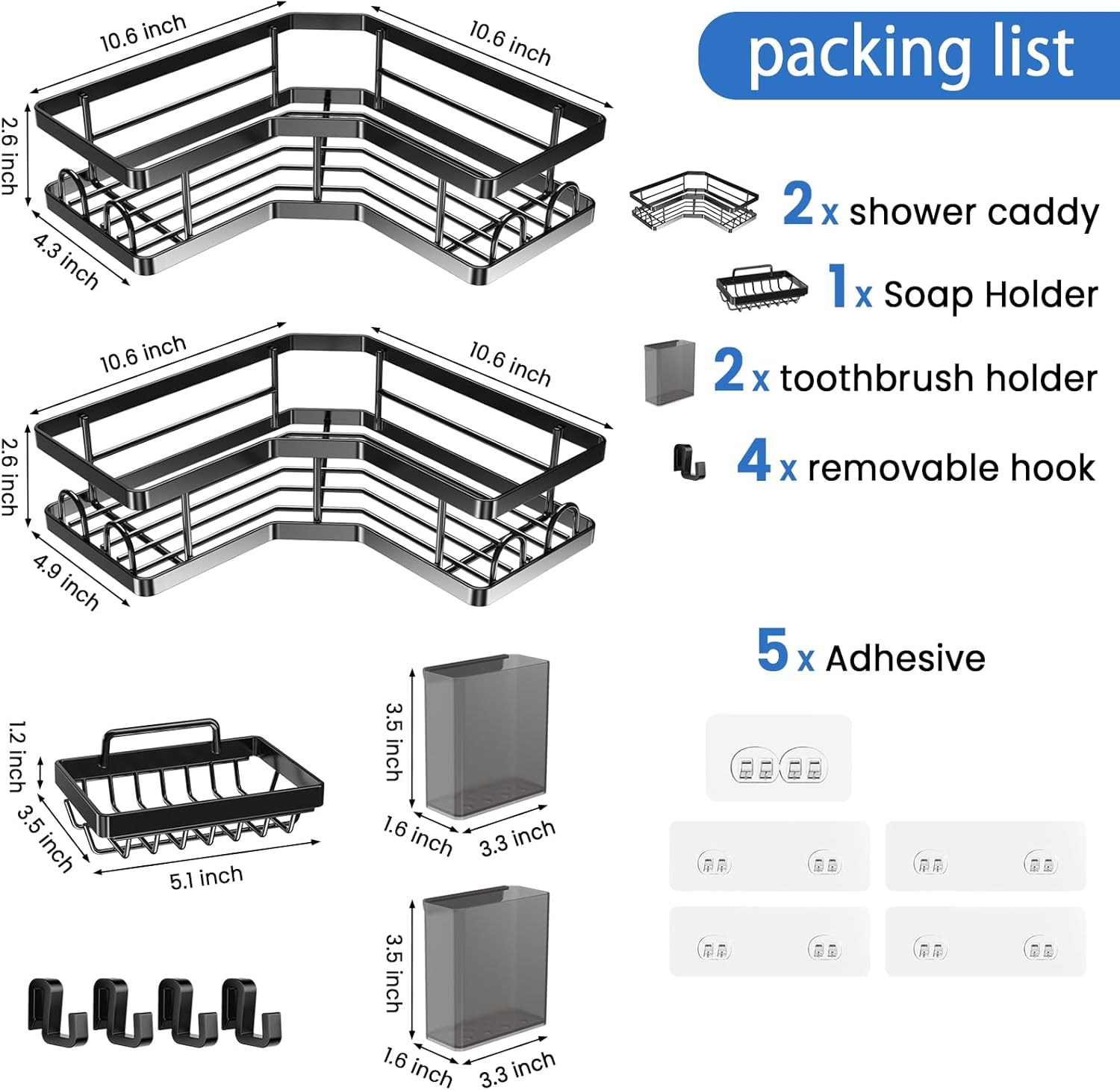 PKBD Corner Shower Caddy 3 Pack,Bathroom Storage No Drilling,Shower Storage with Soap Holder&Hooks&Toothpaste Holders,Bathroom or Kitchen,Rustproof Stainless Steel Suction Bathroom Accessories,Black
