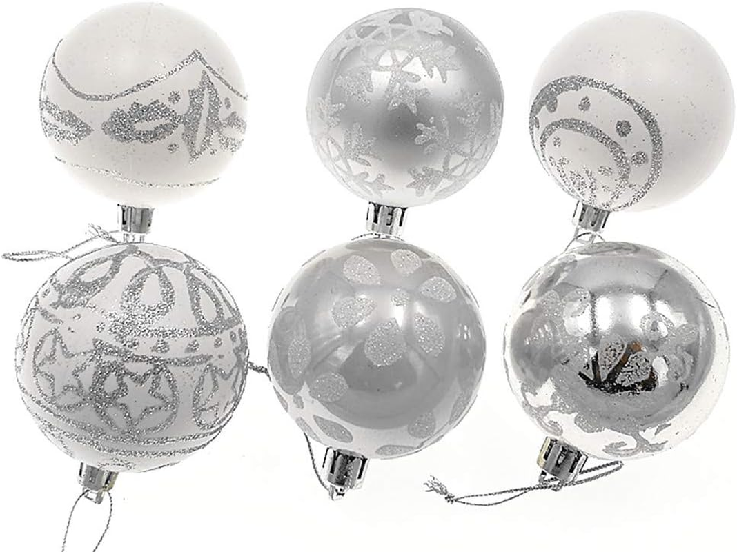 Alimitopia 24Pcs Christmas Ball Baubles,2.4" Shatterproof Assorted Painting Patterns Hang Balls Pendant for Xmas Tree Decoration(6Cm,Silver&White) - Style 2 image number 4