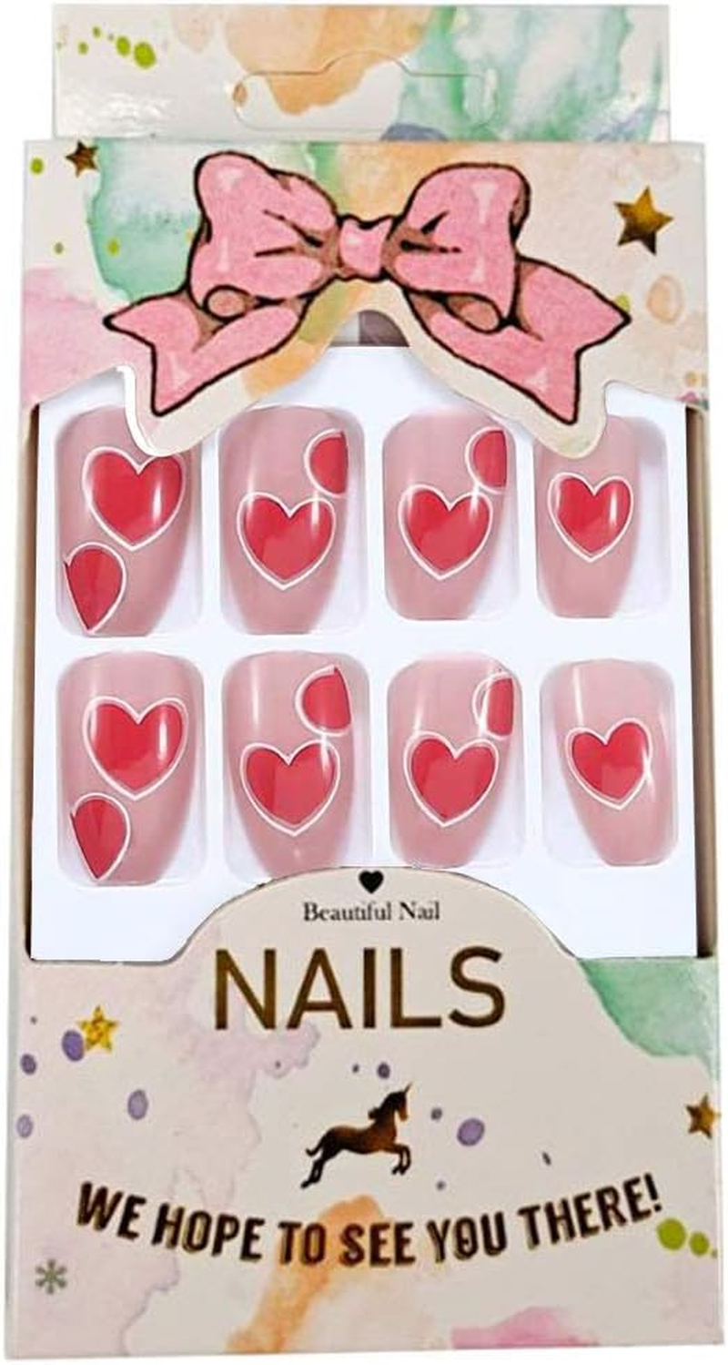 Love Heart Press on Nails,24Pcs Rose Red Full Cover Long Coffin Fake Nails Love Style Design Nails for Women and Girls
