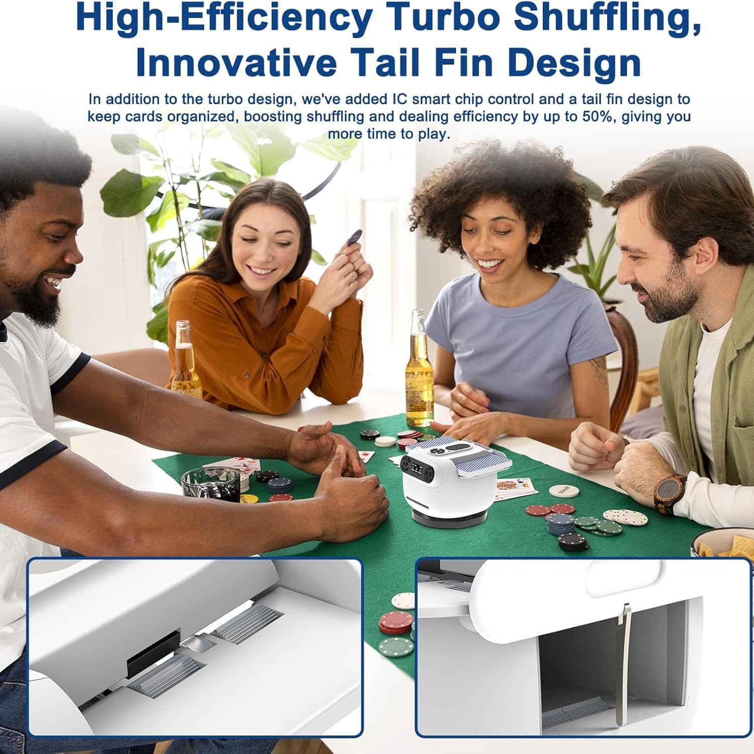 Quintin 2-In-1 Automatic Card Shuffler and Dealer with 360&deg; Omnidirectional Dealing, Multi-Size Card Compatibility, Low Noise Turbo Shuffling, Portable for 8 Players, 2025 Version (White)