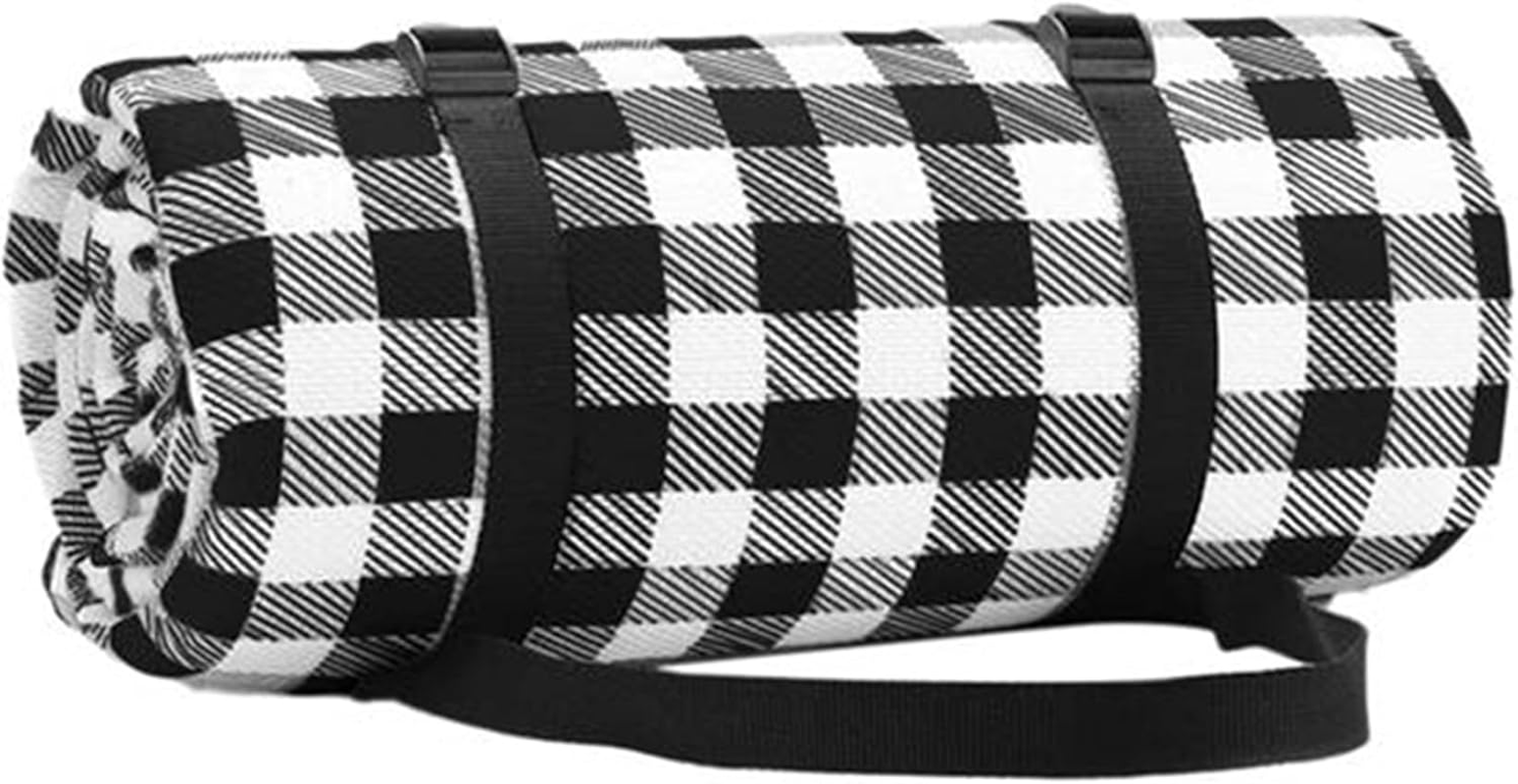 AUTENS 2M X 2M Extra Large Picnic Blanket Use as Outdoor Play Mat, 3-Layer Indoor Couch Throw for Warmth, Family Size, Camping Beach Waterproof Cashmere Rug (Black and White Grid