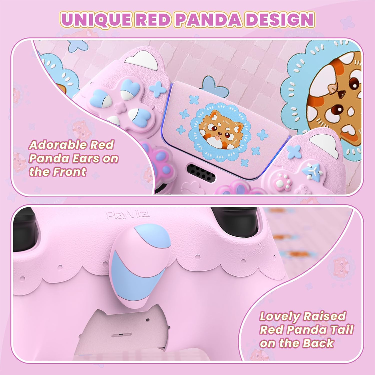 Playvital Cute Spring Lesser Panda Silicone Cover for Ps5 Controller with Joystick Cap and Sticker, Anti-Grip Shockproof Skin, Compatible with Charging Station, Cotton Candy Pink image number 5