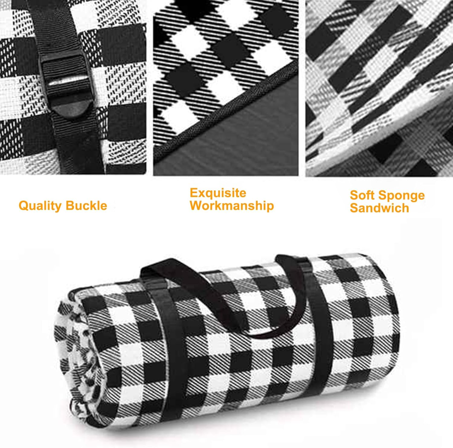 AUTENS 2M X 2M Extra Large Picnic Blanket Use as Outdoor Play Mat, 3-Layer Indoor Couch Throw for Warmth, Family Size, Camping Beach Waterproof Cashmere Rug (Black and White Grid image number 6